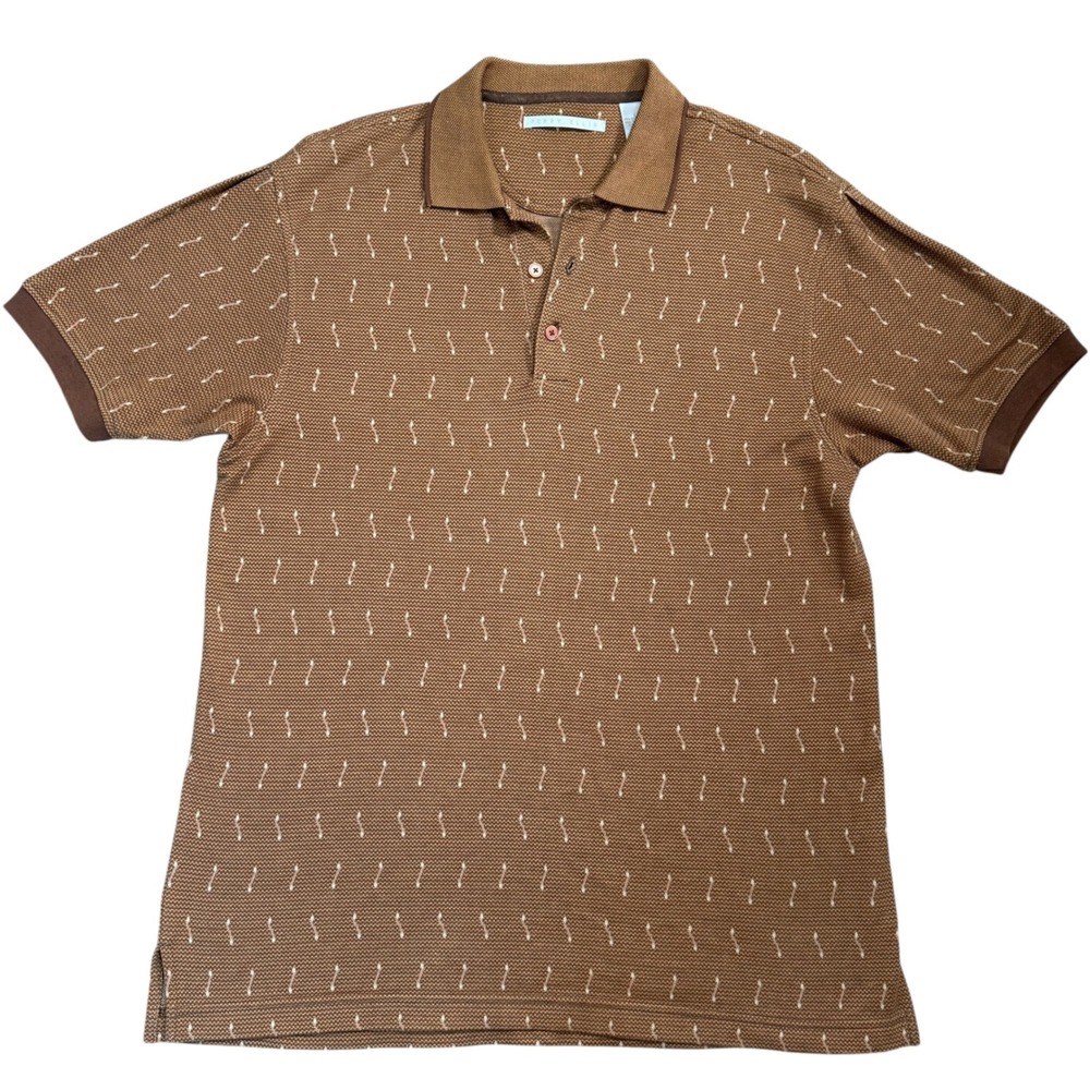 Perry Ellis‎ Mens Brown Patterned Short Sleeve Polo Shirt Size Large 100% Cotton